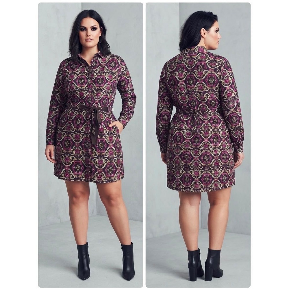 Banana Republic Womens Pink Brown Medallion Print Belted Shirt Dress‎ Large